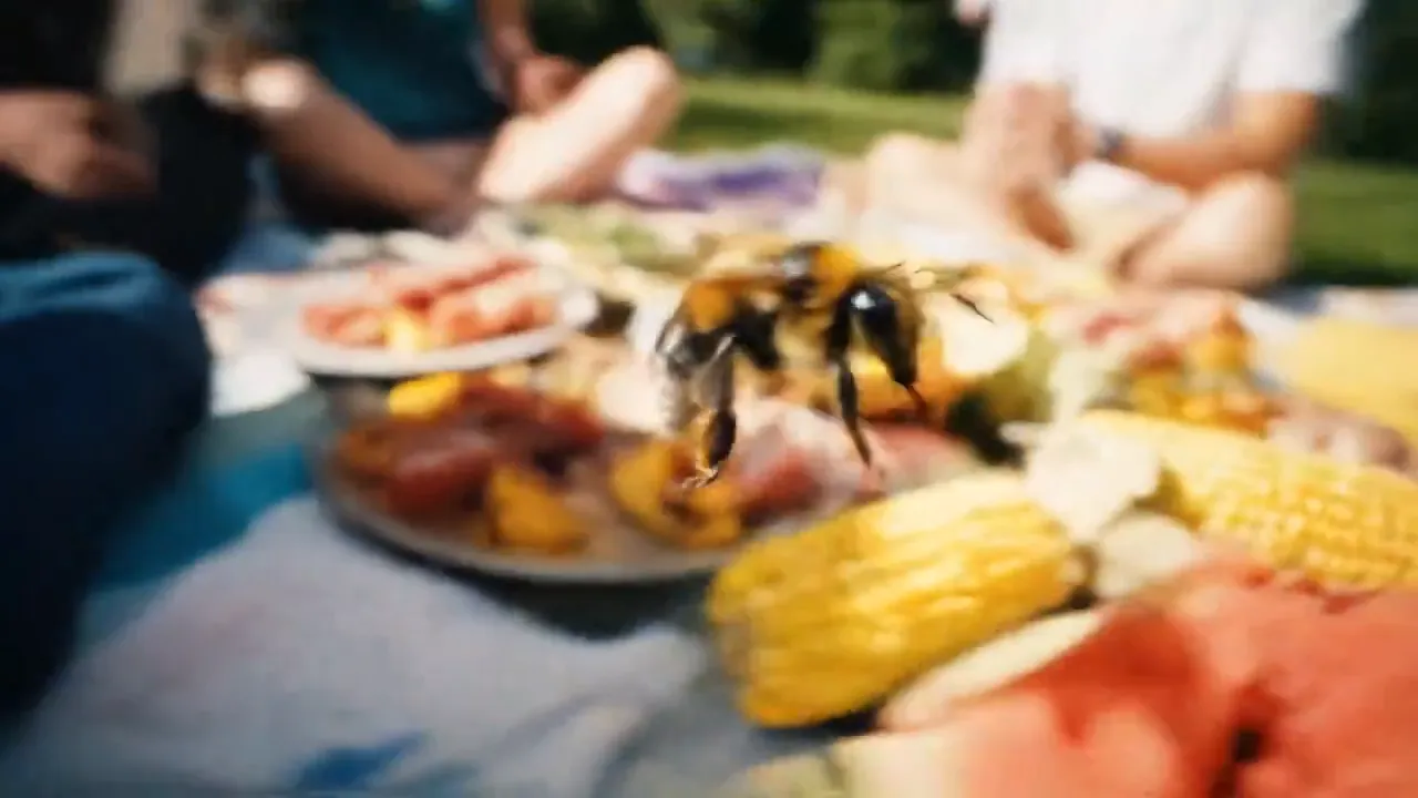 Third person view of a bee flying around people