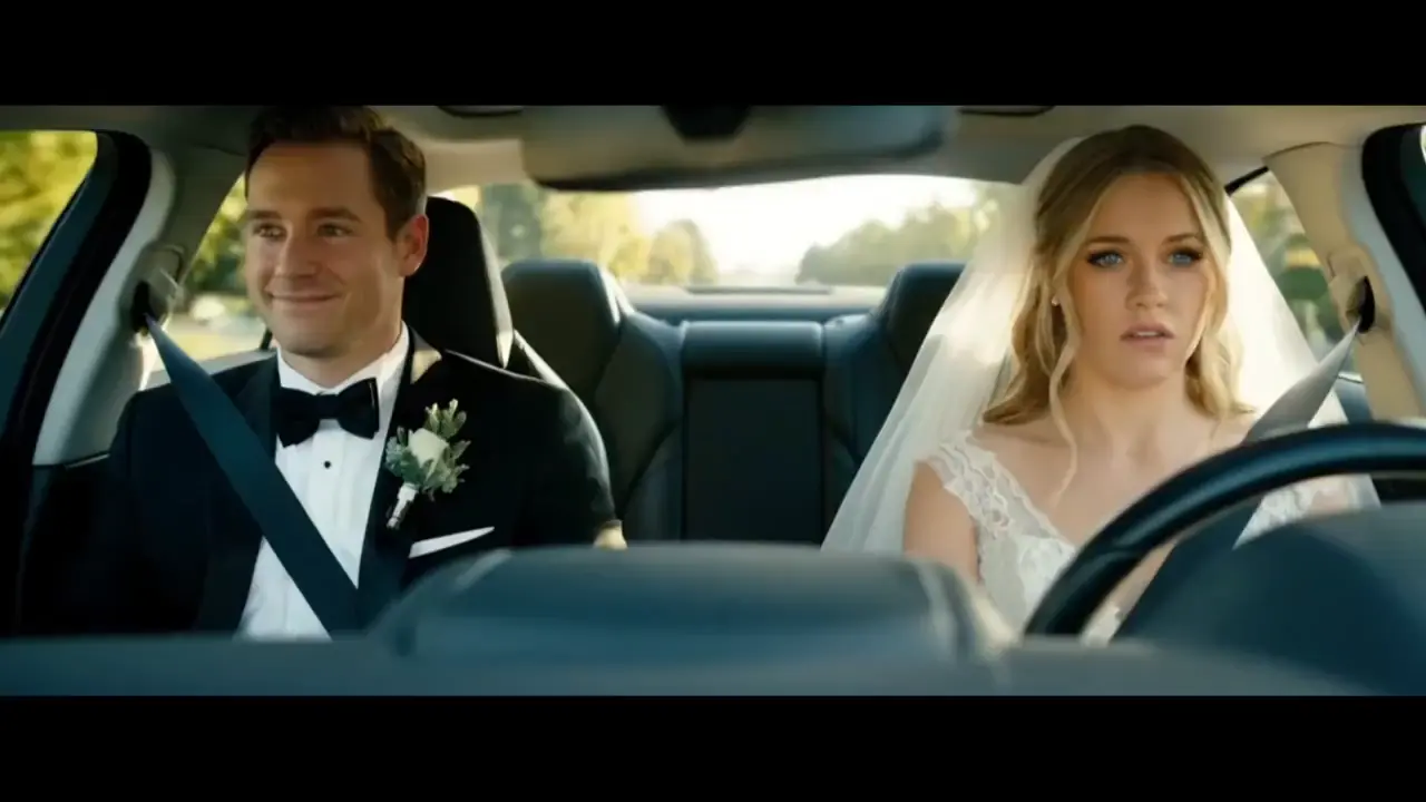 Newlywed couple is driving in a car