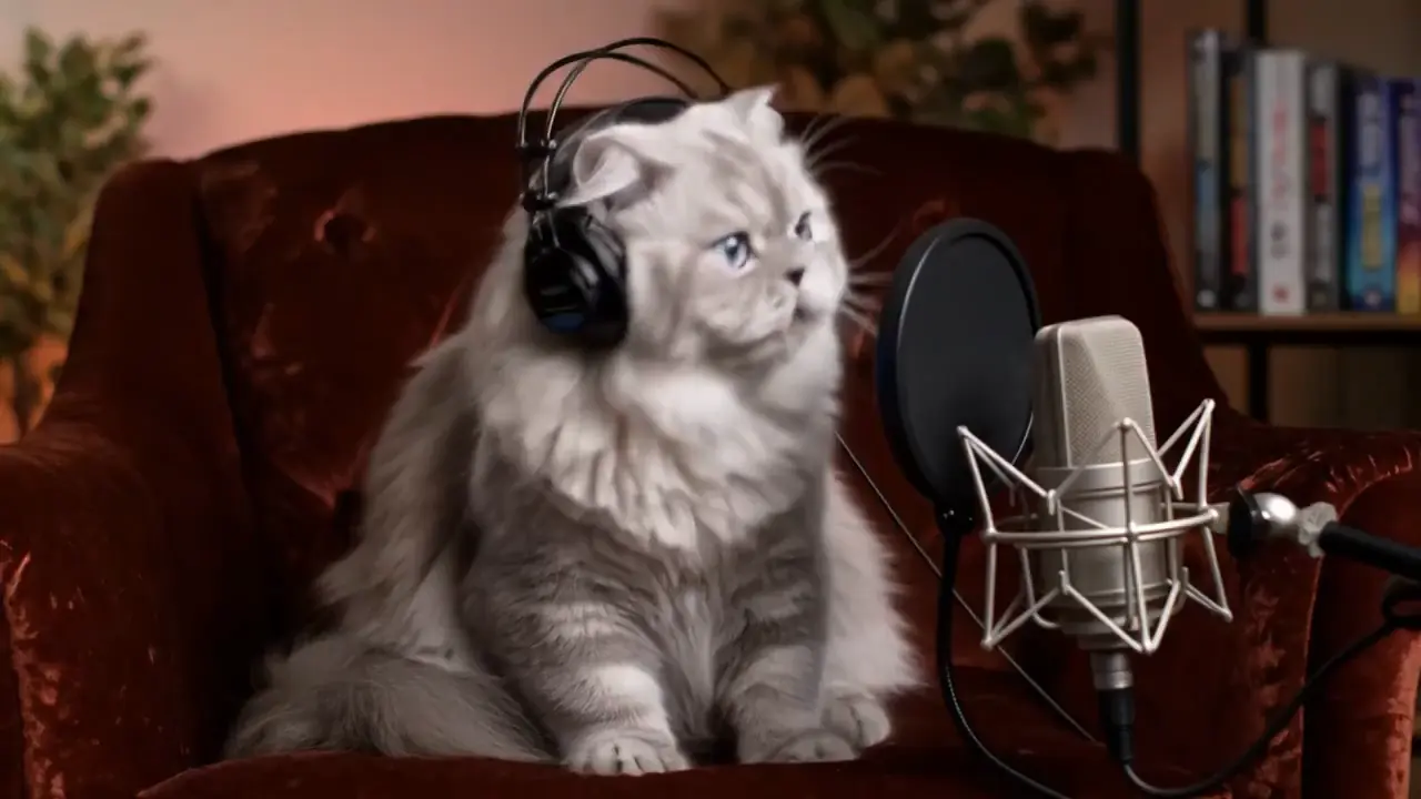 Cat with big headphones giving a podcast interview