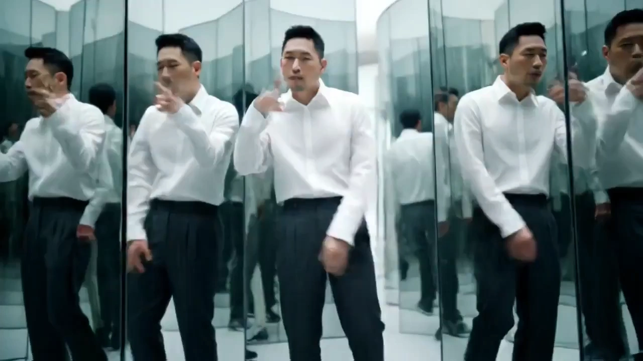 Standing in front of multiple mirrors rapping