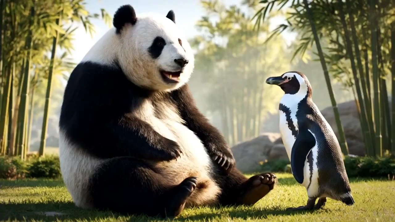 Real life Panda and penguin talking