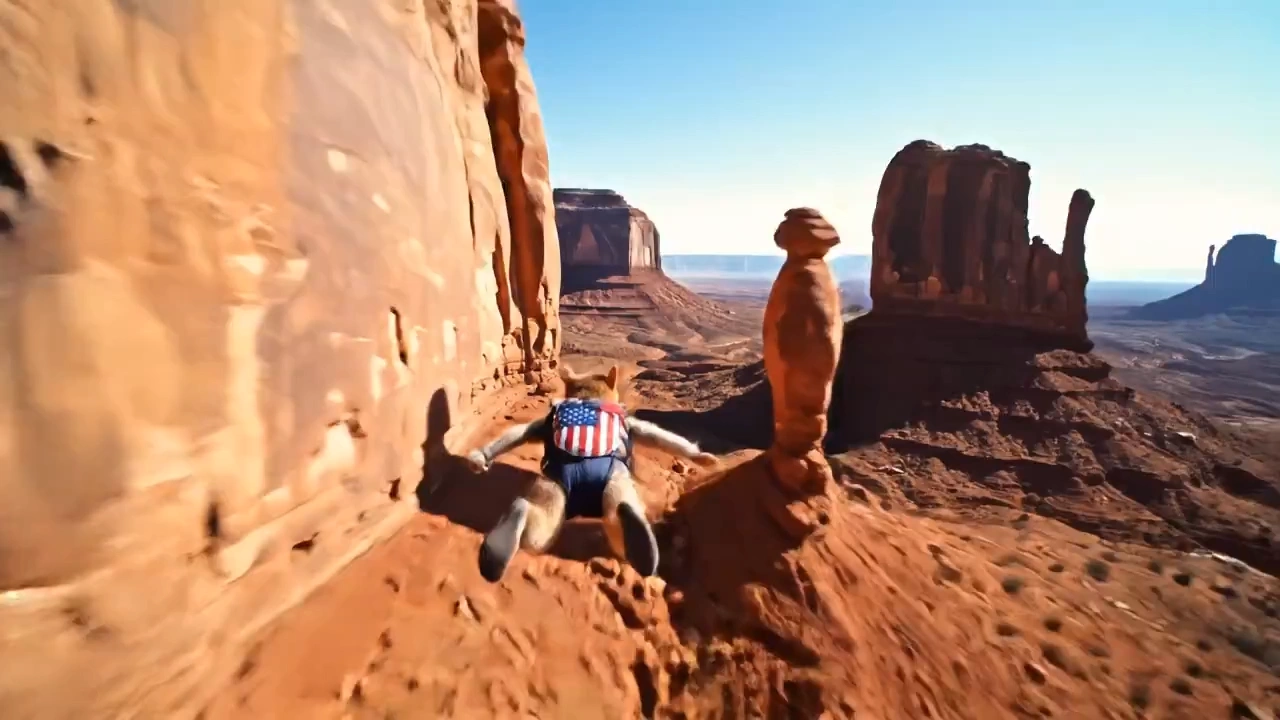 squirrel on wingsuit flying over Monument Valley