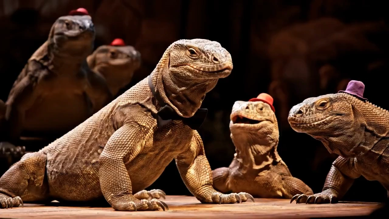 Standup comedian Komodo dragon making jokes at a bar