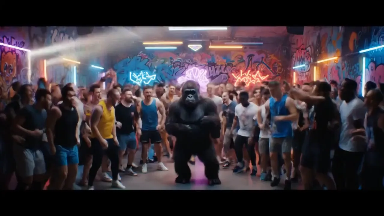 100 men vs a gorilla at a rave dance