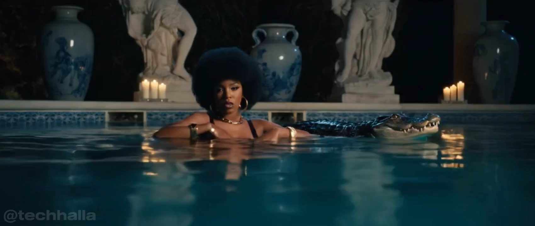 Glamorous woman shares a pool