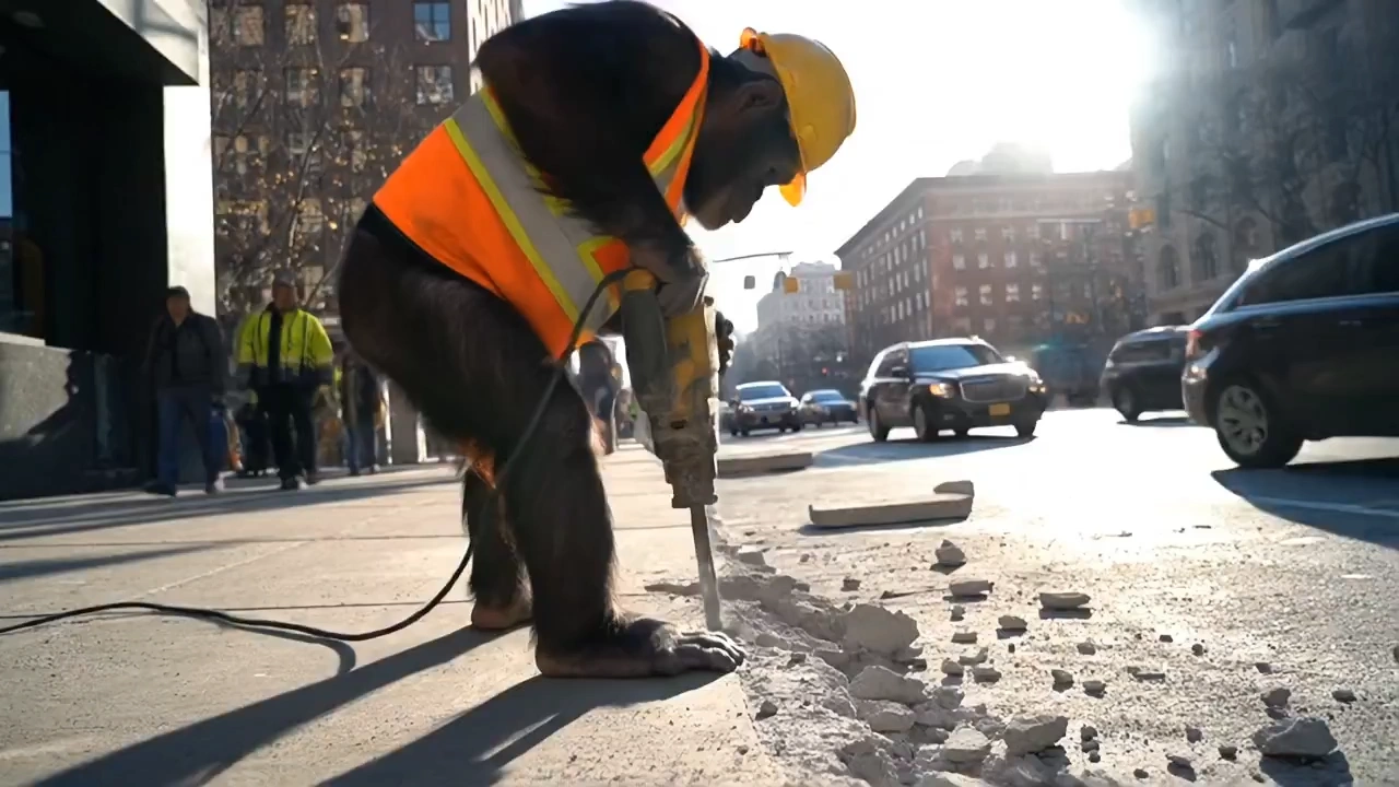 Chimpanzee operating a jackhammer on a city sidewalk