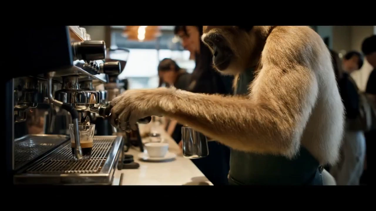 Gibbon in coffee shop