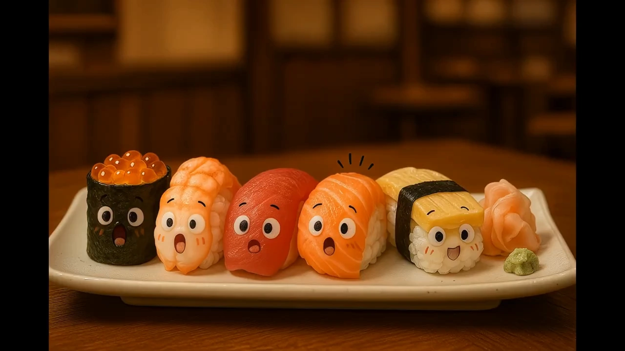 Photorealistic plate of perfectly arranged sushi