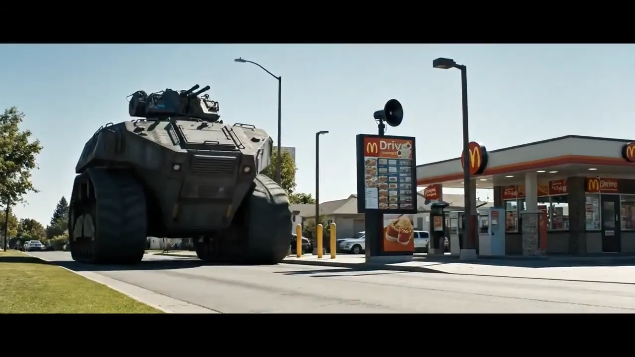 Armored vehicle hits sign