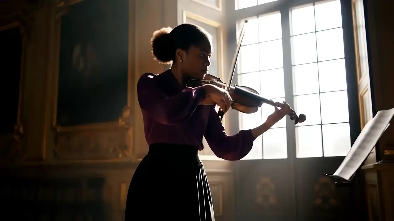 A woman is playing the violin