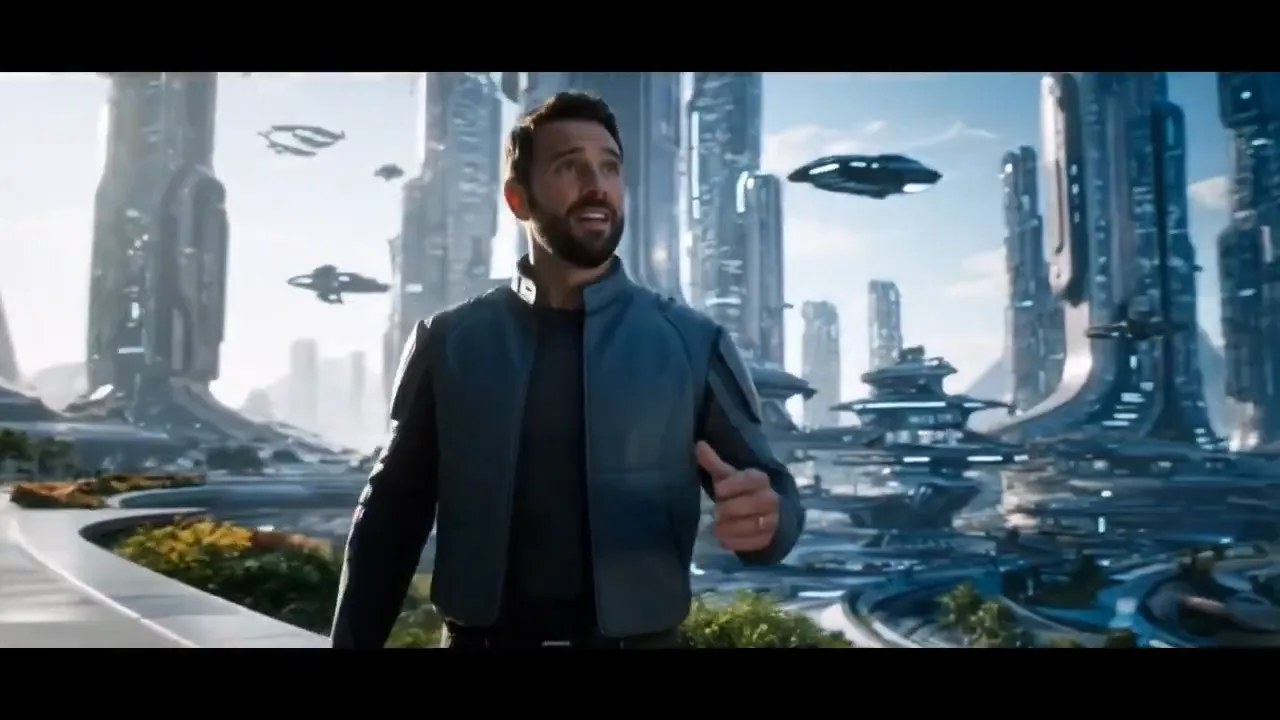 A person walks inside of an incredible futuristic city