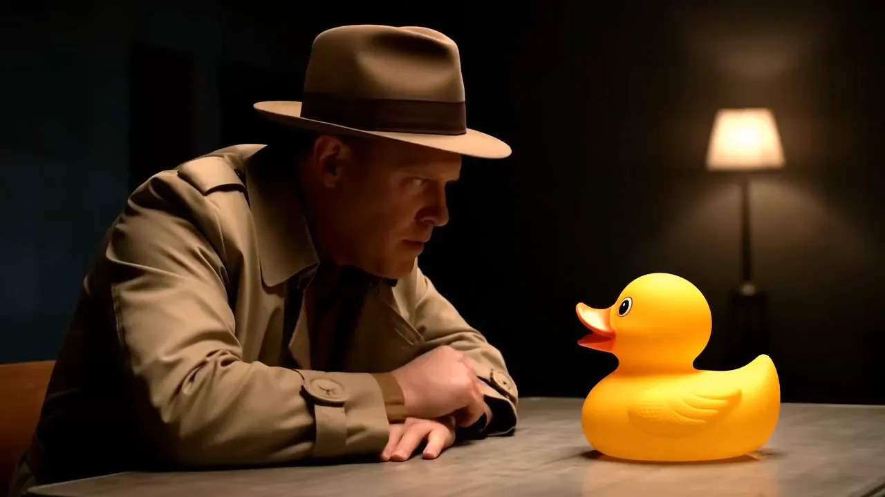 A man talking to a little yellow duck