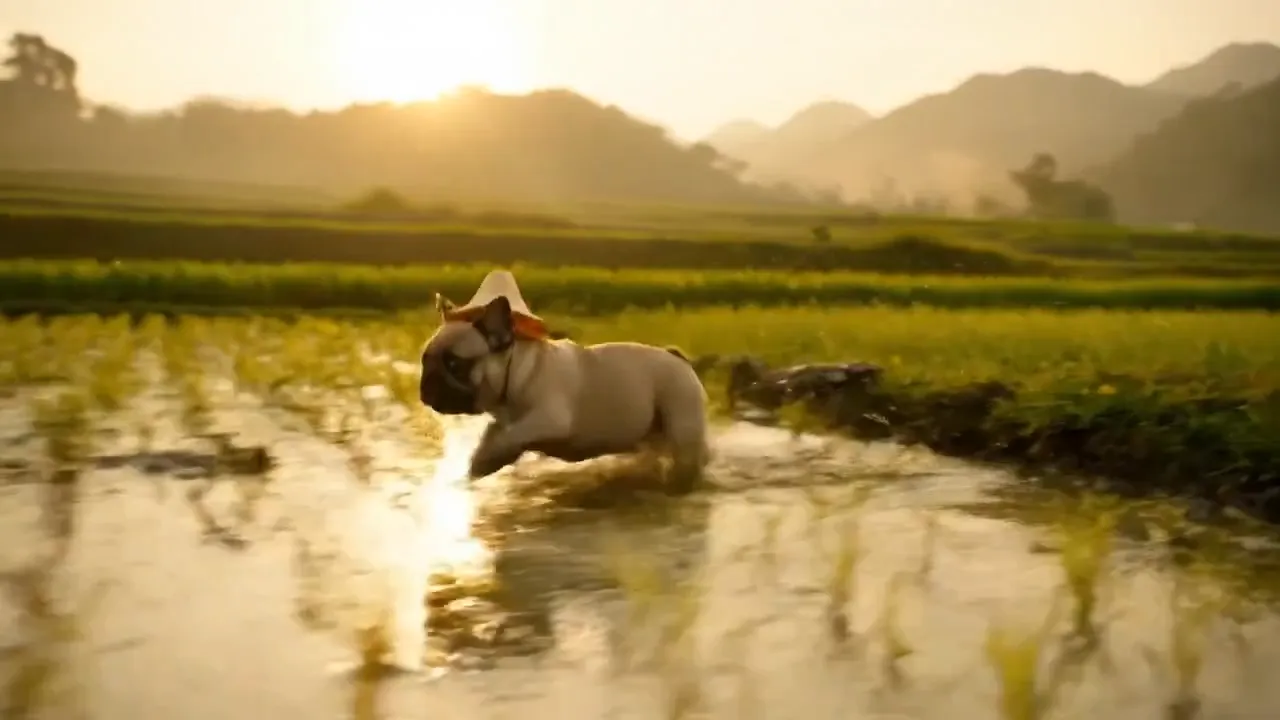 Puppy runs through rice paddy