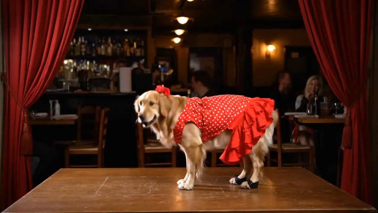 A dog dressed as a female flamenco dancer dancing flamenco on a tablao in a bar in Seville.