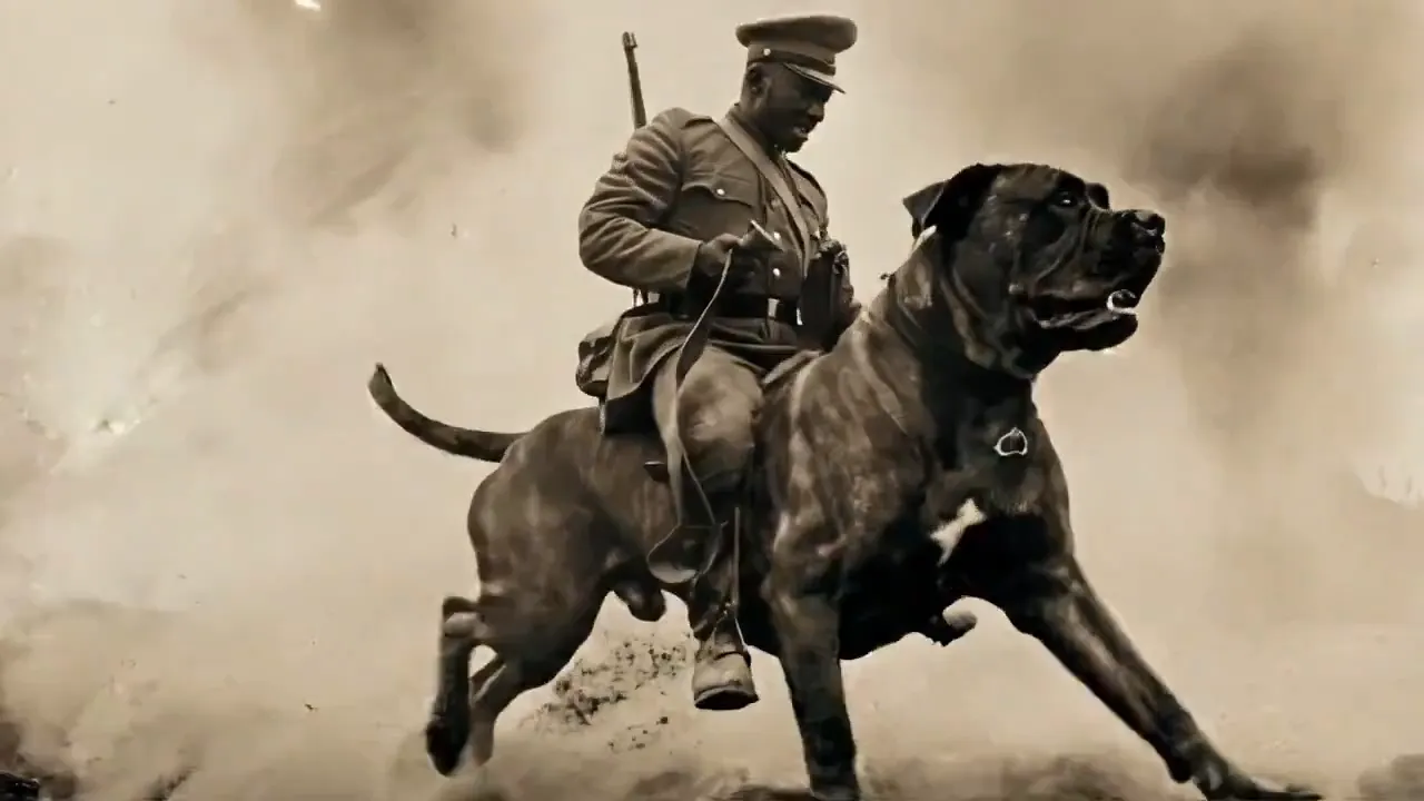 The soldier riding a dog during WW2
