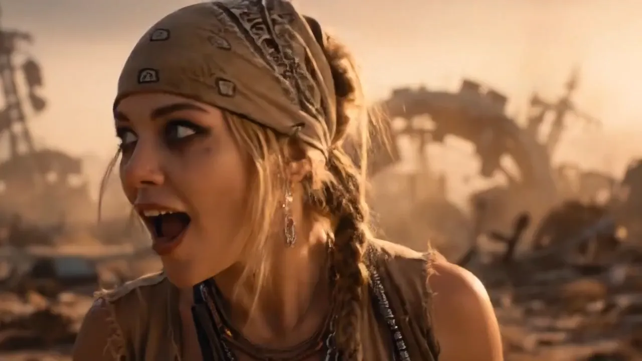 Super cute young woman with blonde hair in a Mad Max scenario
