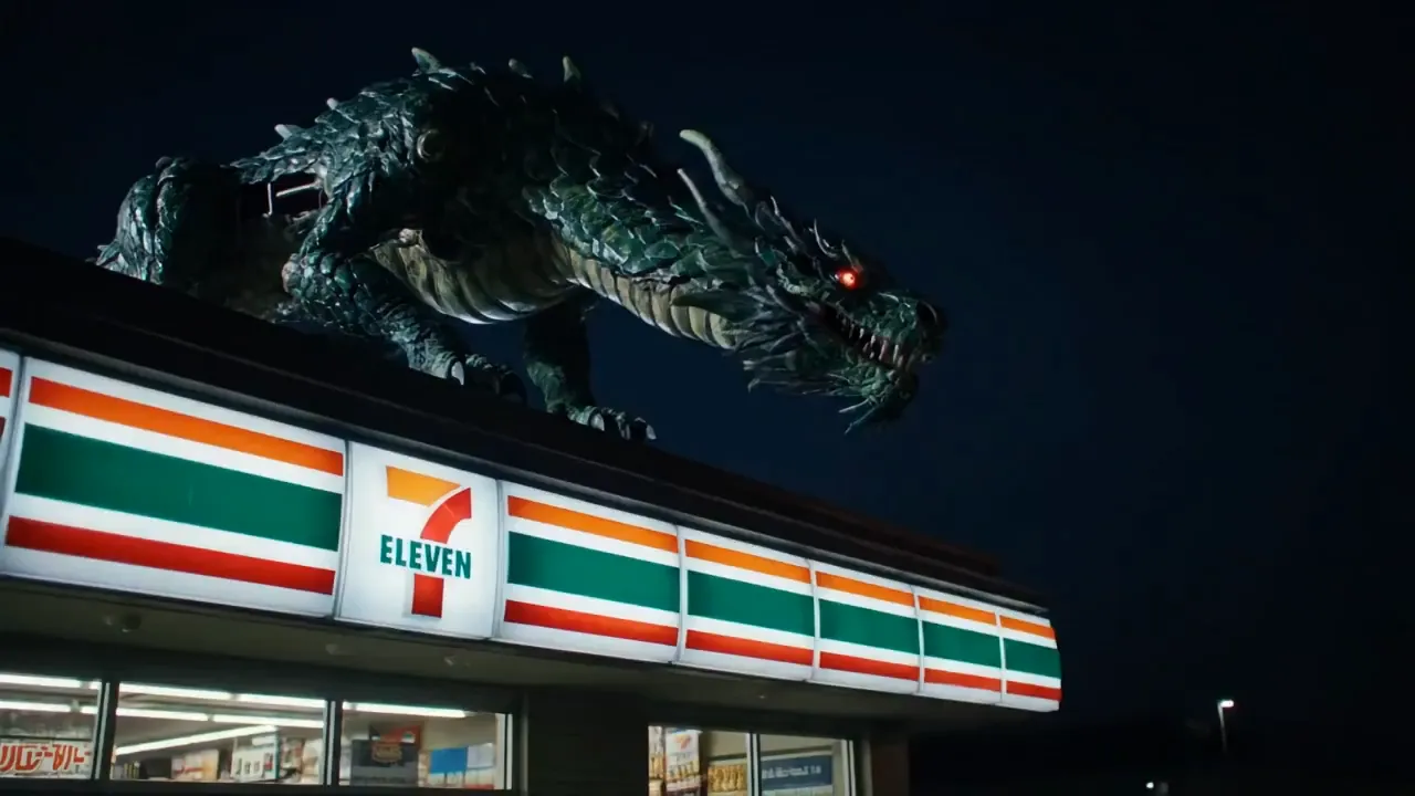 A dragon sitting on the roof of a 7-Eleven