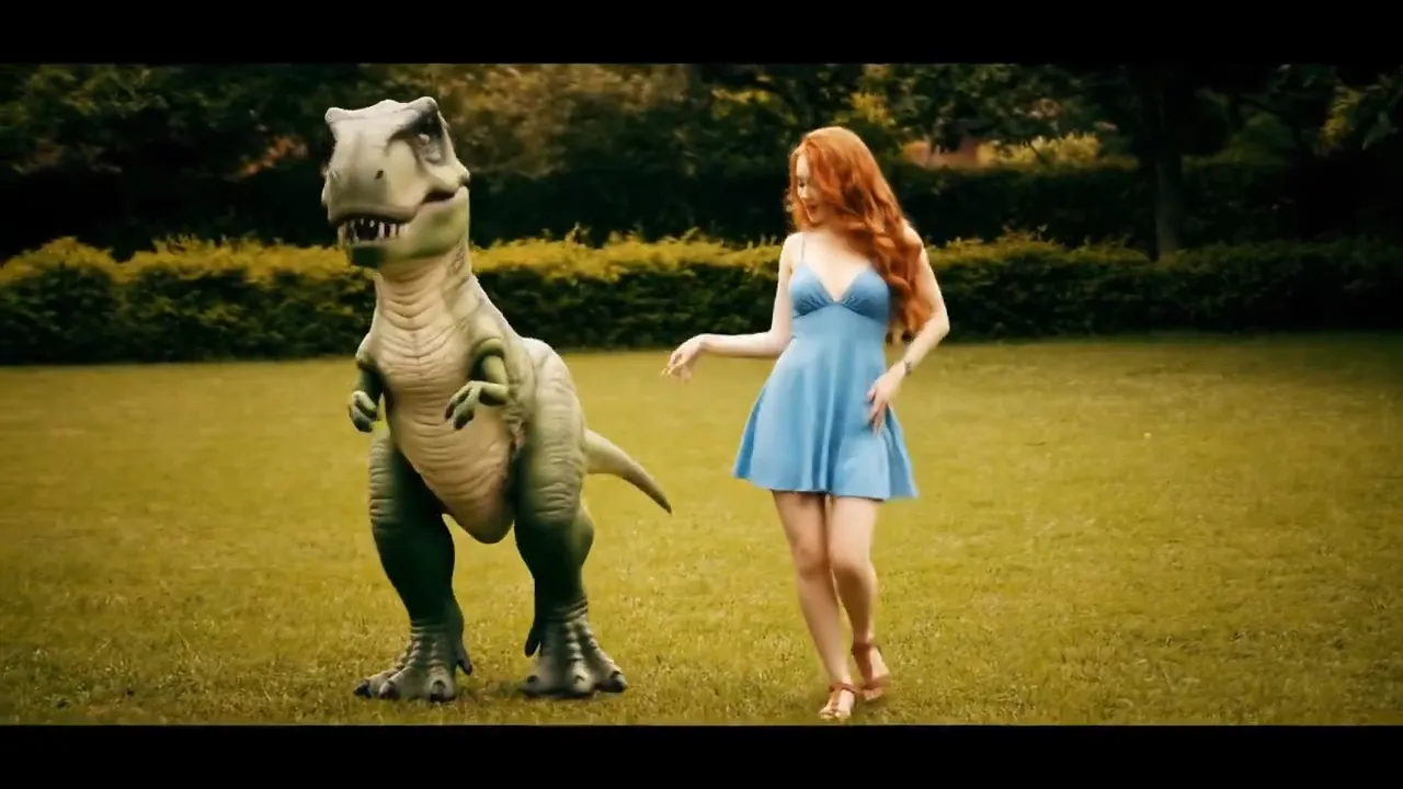 Cute young woman dancing with a dinosaur