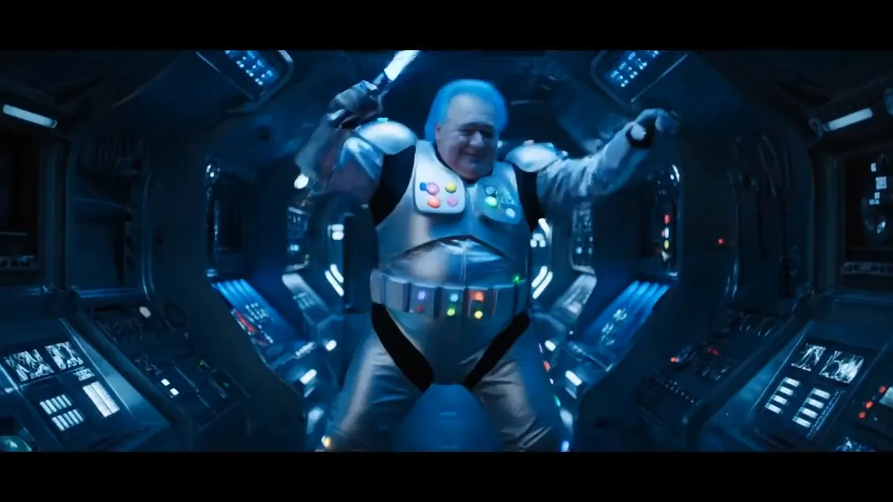 Dancing fat old man in a Star Wars spaceship with a lightsaber