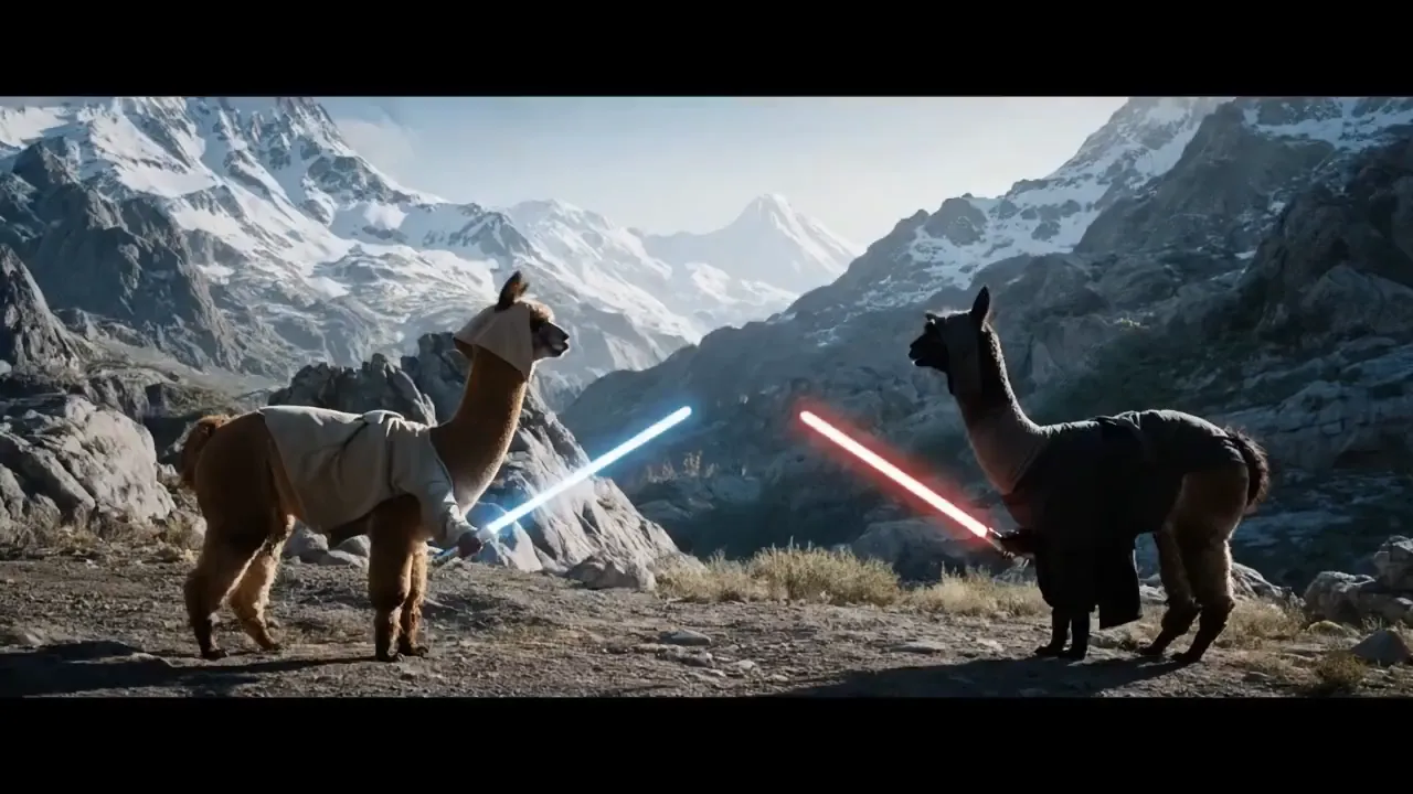 An alpaca lightsaber fight