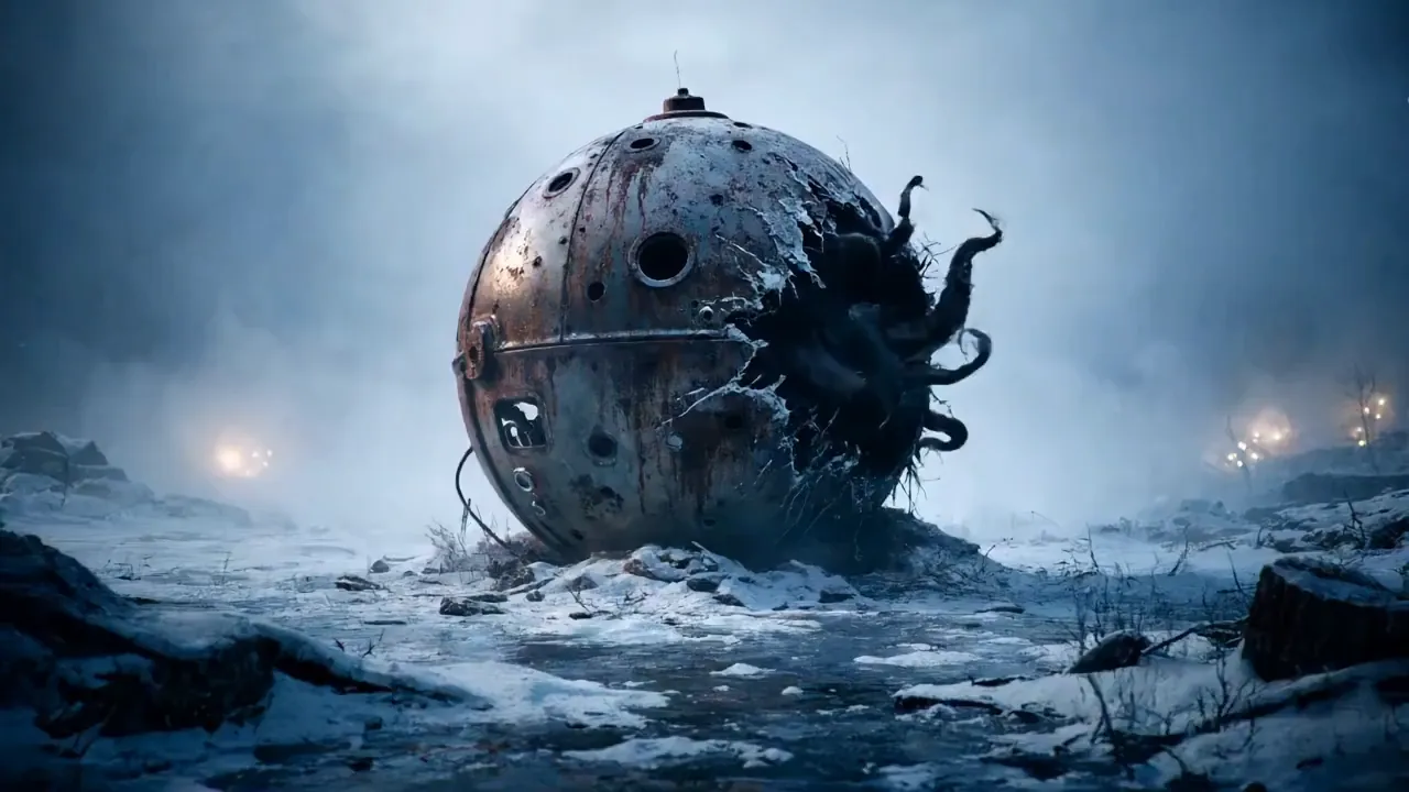 Abandoned spherical robot with cthulhu monster with tentacles inside