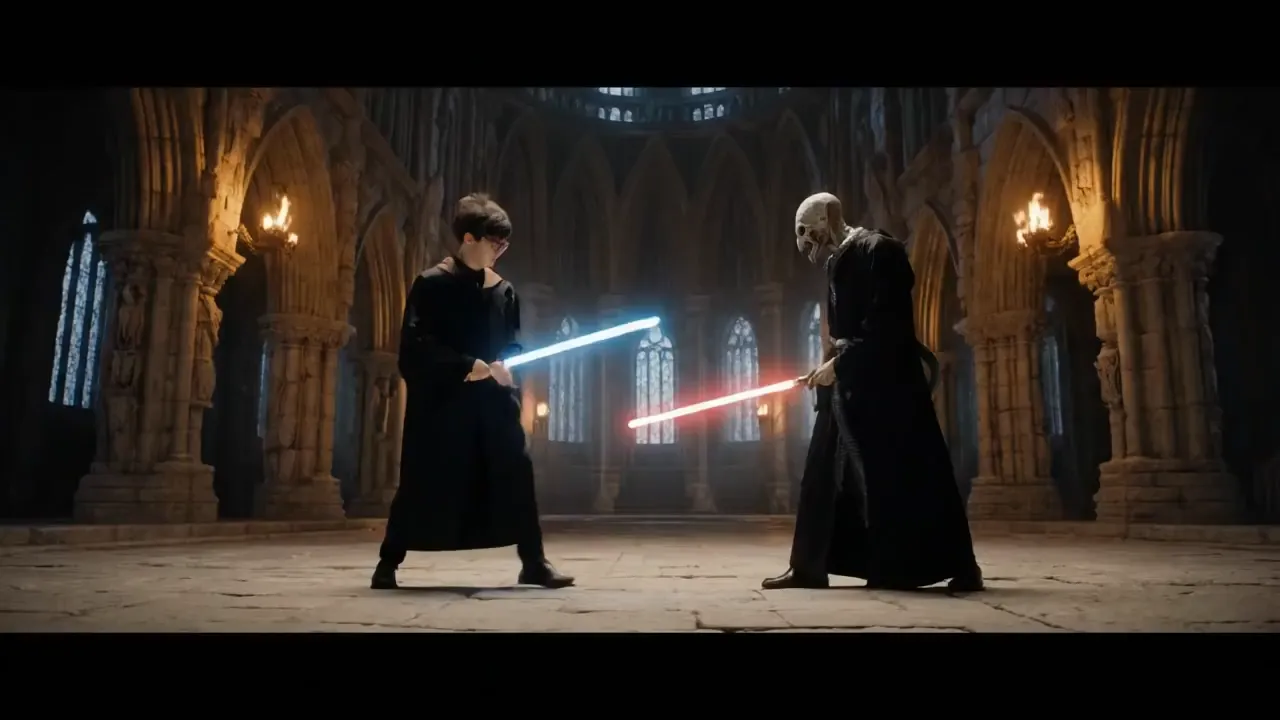 Harry potter fight against voldemort with lightsabers