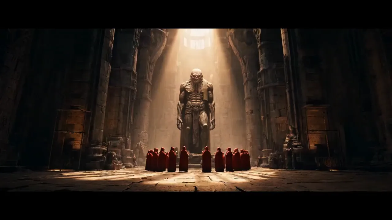 A cult of a group of red hooded sectarians worshiping a statue of Cthulhu