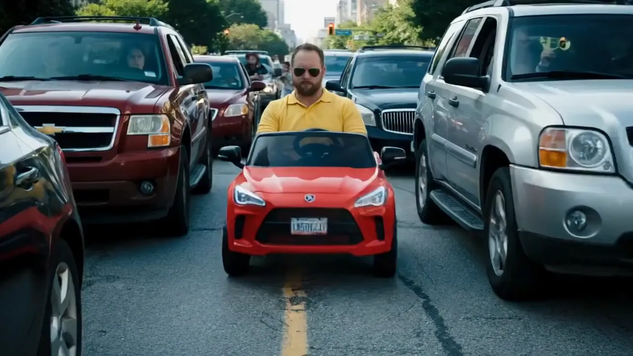 A man in a tiny plastic kid’s convertible