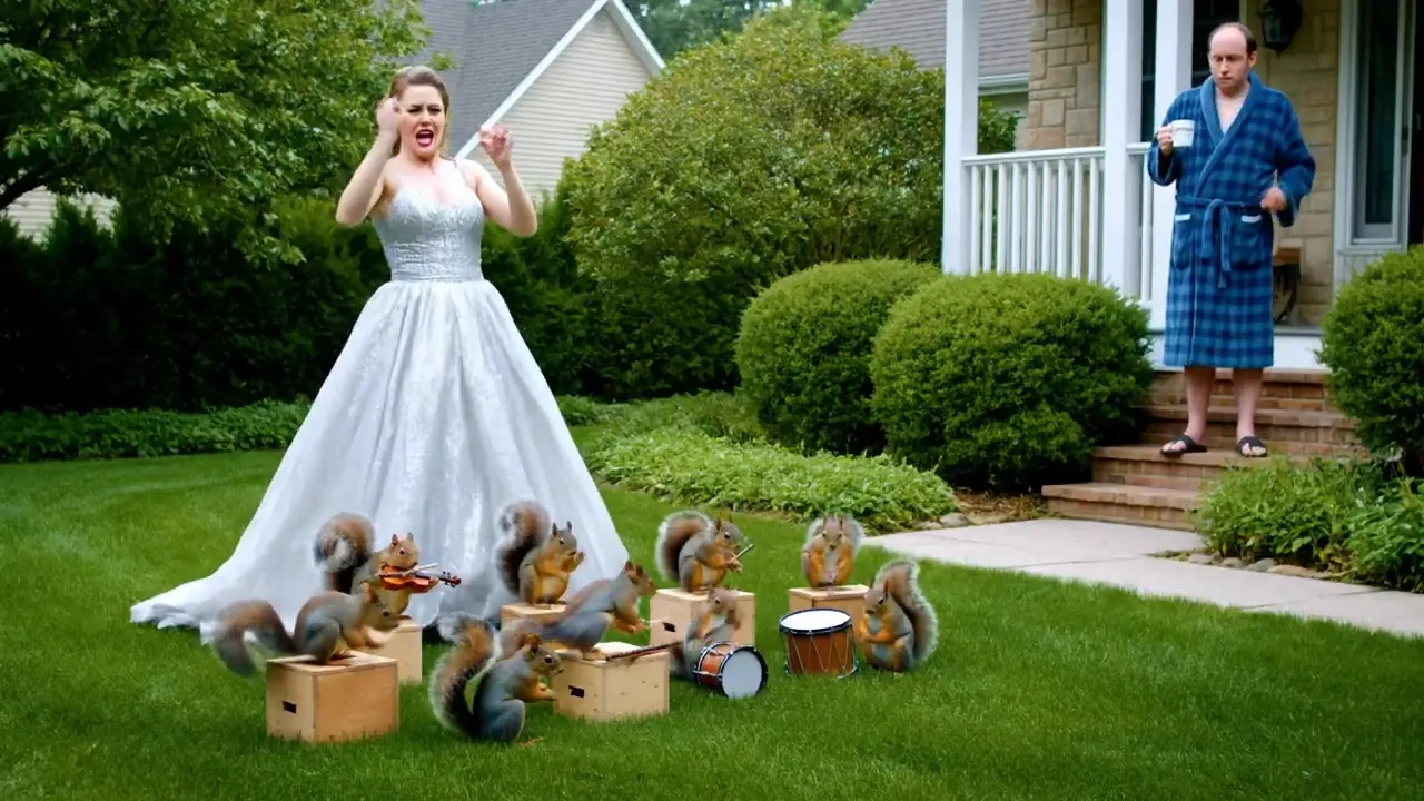 A woman in a glittery ball gown is standing on a suburban lawn