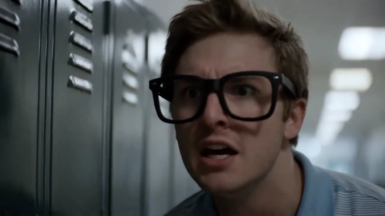 A nerdy guy with oversized glasses slamming his locker shut