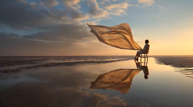 Surreal coastal landscape at sunrise