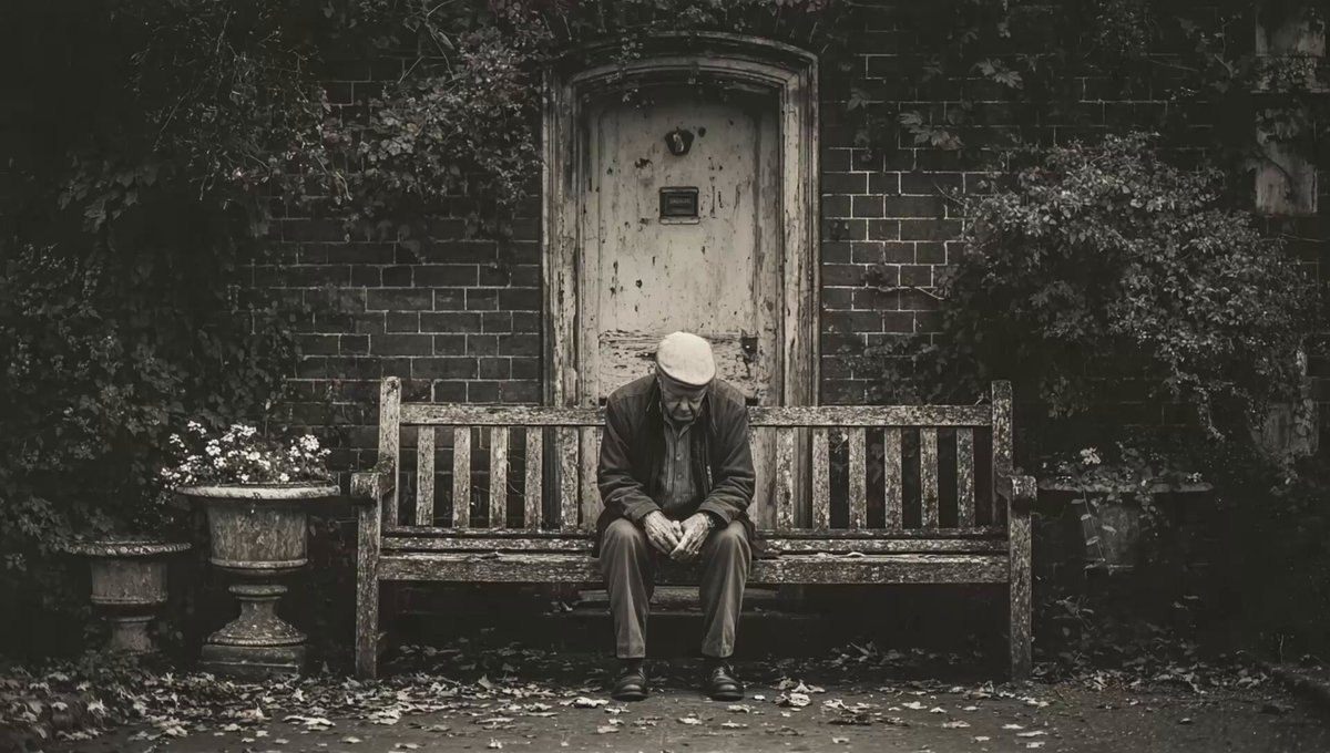 Old man slouched on a weathered bench