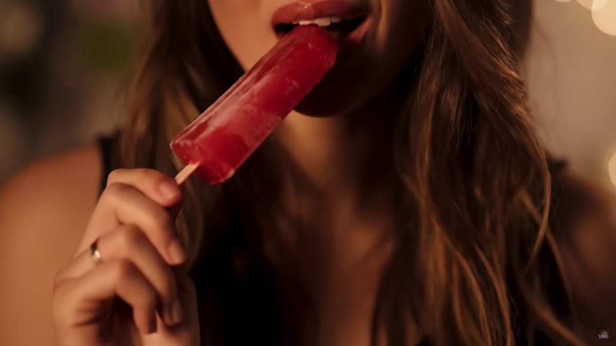 Woman seductively eating a red Popsicle