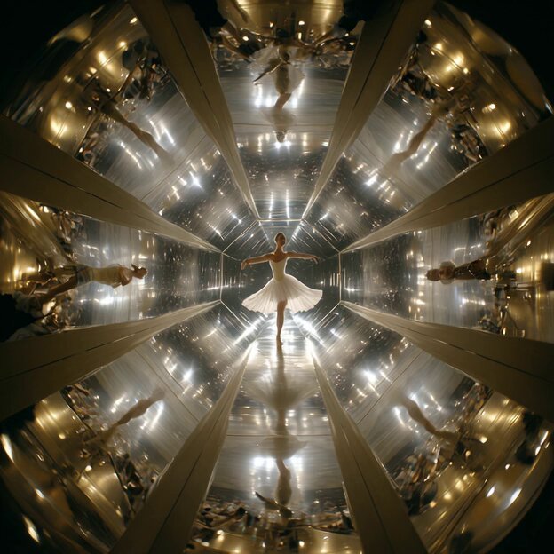 Ballerina performs in a mirrored room