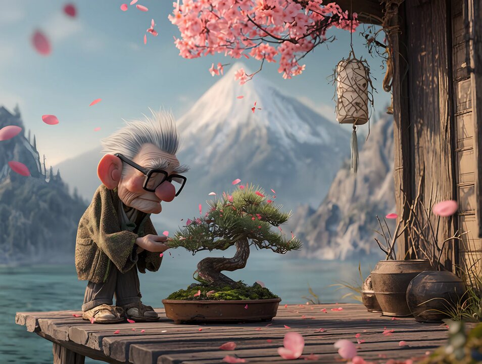Man tends to bonsai tree