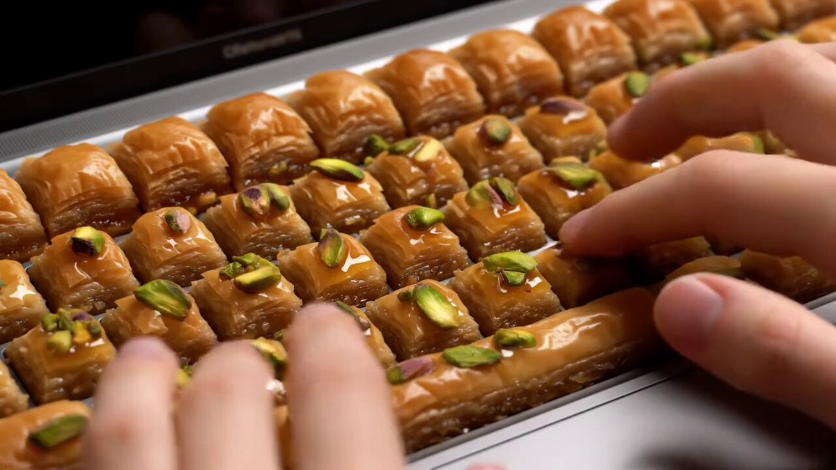 Bol fıstıklı baklavadan yapılmış bir bilgisayar klavyesi
