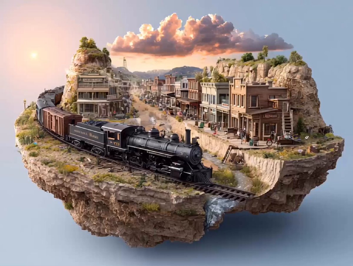 Steam locomotive passing a Wild West town