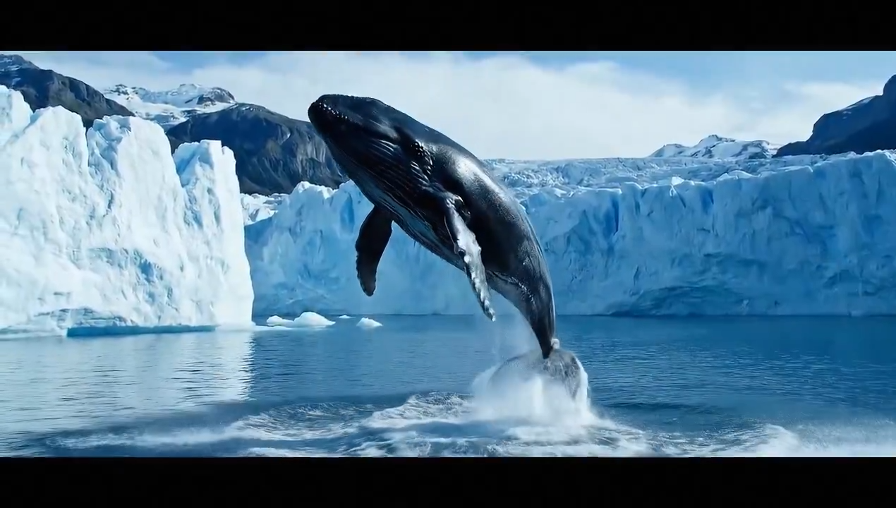 Humpback whale against towering glacier walls