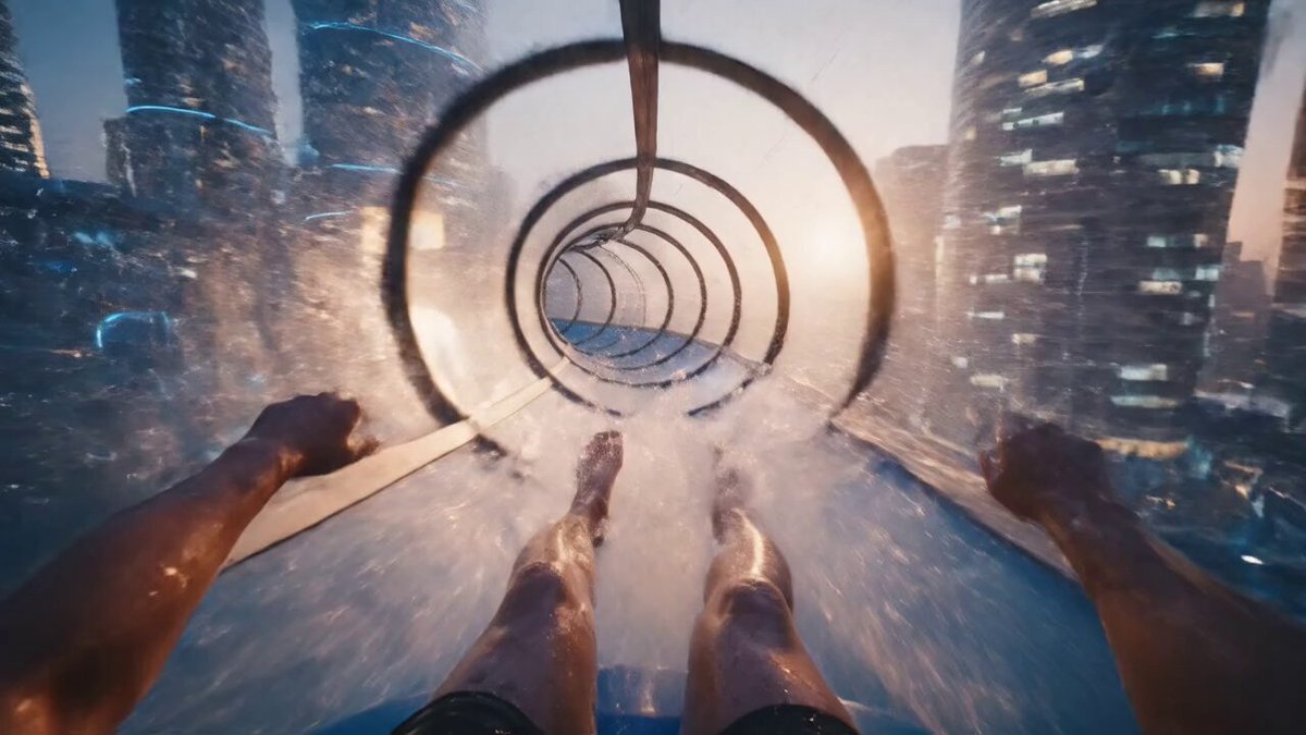 Barefoot human sliding through colossal waterslide between skyscrapers