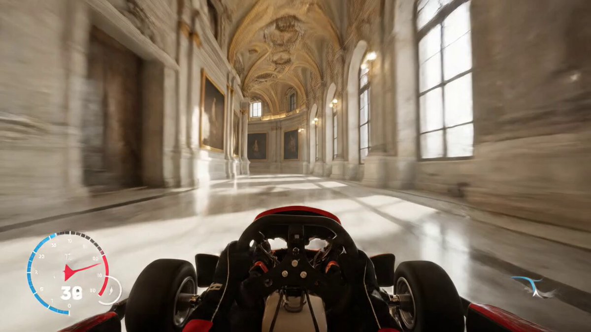 POV from driver’s seat weaving at full throttle through Louvre's grand halls