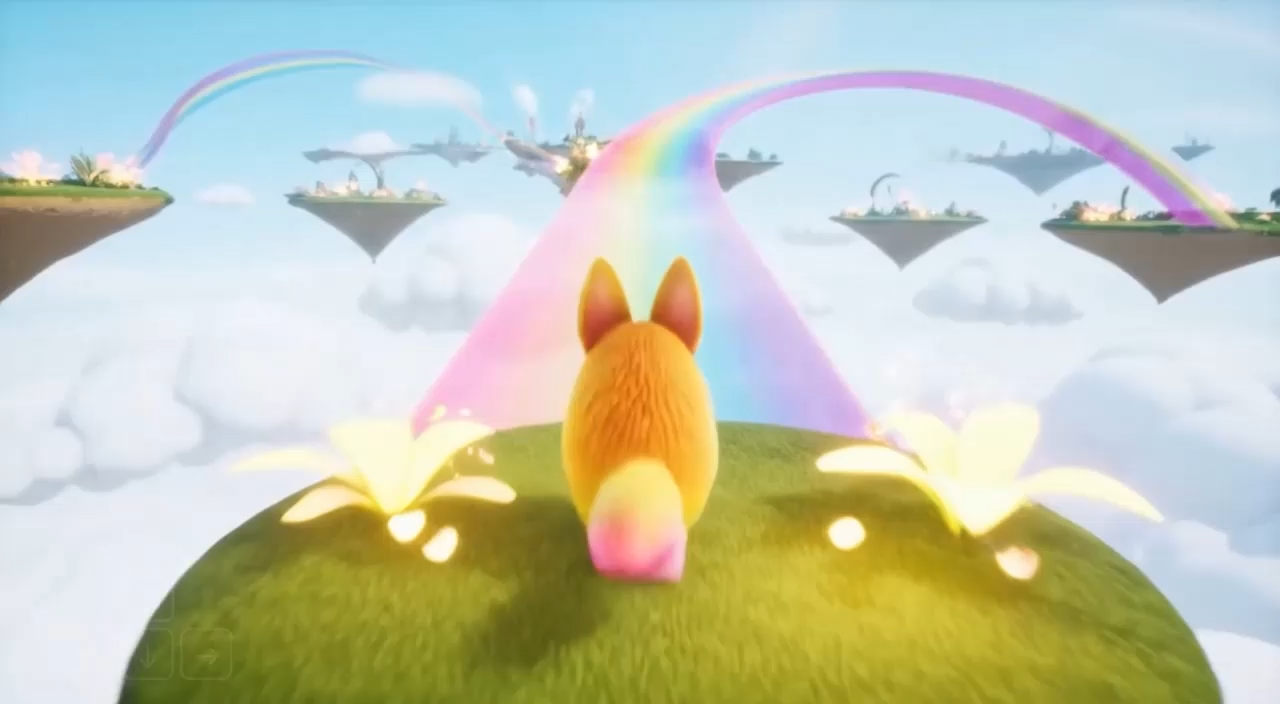 Fluffy creature bounding across a vibrant rainbow bridge