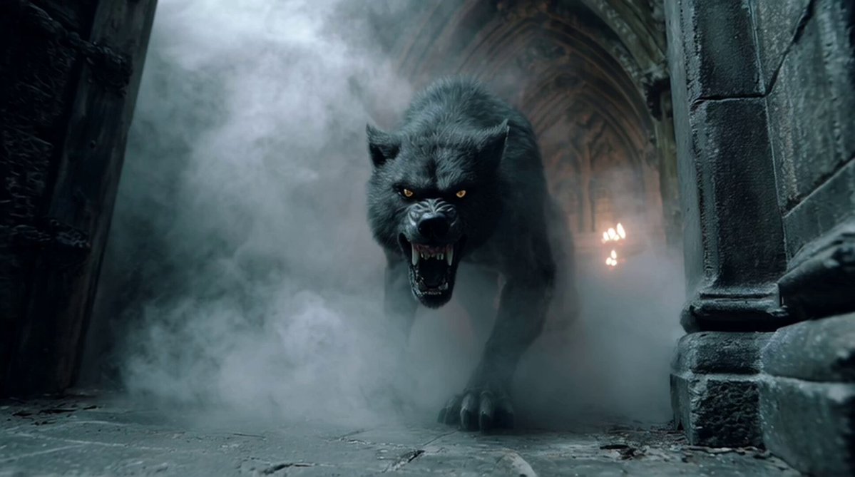 Black wolf walking in corridor