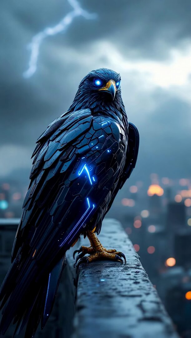 Eagle perches on a ledge against a stormy backdrop