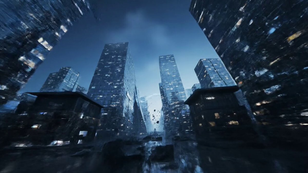 Skyscrapers folding toward camera in mirrored arcs