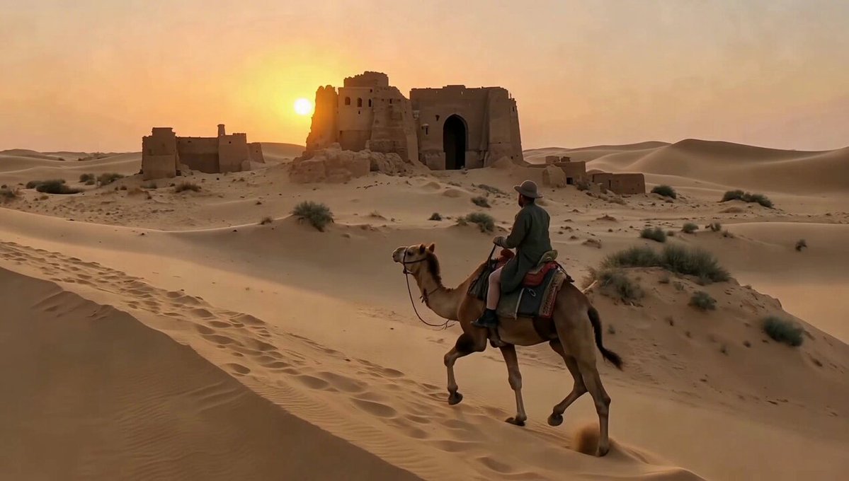 Traveler riding a camel  across desert