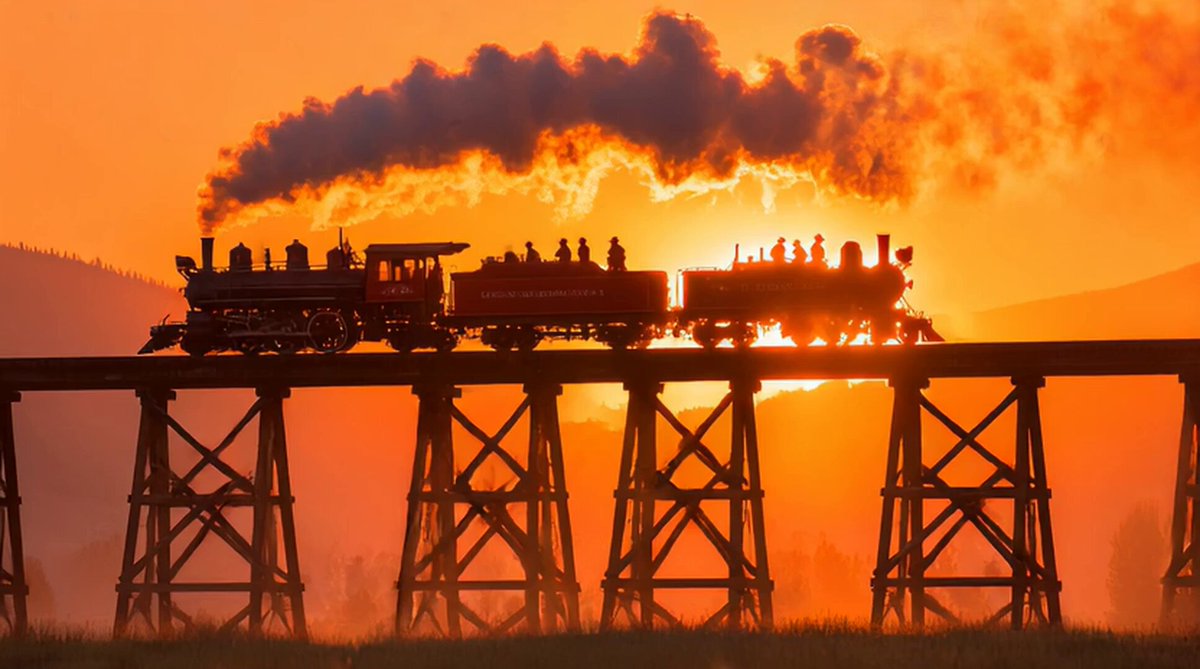Steam locomotive crossing a trestle bridge