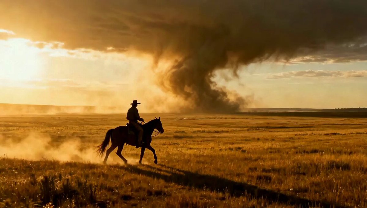 Cowboy rides his horse across a vast