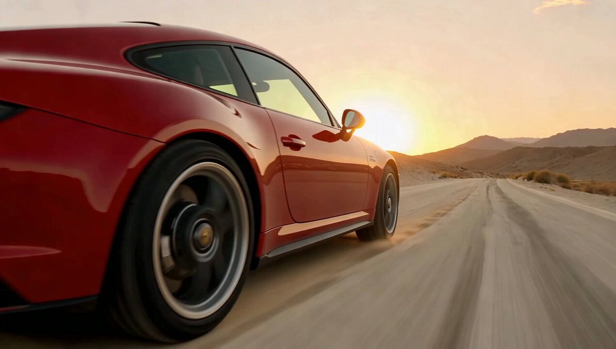 Red Porsche 911 speeding across a dusty desert highway